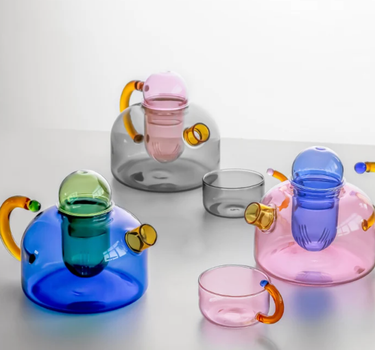 Contrasting Color Heat Resistant Glass Teapot and Cups: Pink Cup